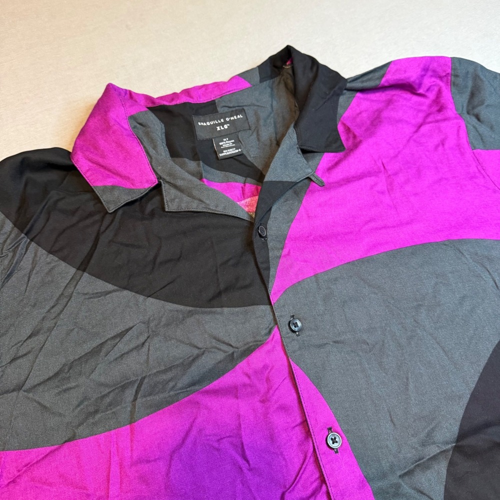 Shaquille O'Neal XLG Mens XLT Rayon Button Down Shirt Purple Black Swirl Geo